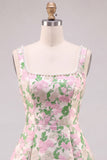 Floral Pink Jacquard Pearl Square Neck A Line Homecoming Dress with Bow