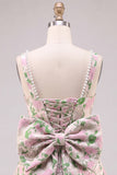 Floral Pink Jacquard Pearl Square Neck A Line Homecoming Dress with Bow