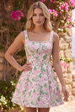 Floral Pink Jacquard Pearl Square Neck A Line Homecoming Dress with Bow