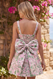Floral Pink Jacquard Pearl Square Neck A Line Homecoming Dress with Bow