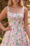 Floral Pink Jacquard Pearl Square Neck A Line Homecoming Dress with Bow