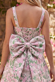 Floral Pink Jacquard Pearl Square Neck A Line Homecoming Dress with Bow