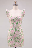Bodycon Jacquard Pink Homecoming Dress with Ruffle Sleeves
