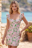 Bodycon Jacquard Pink Homecoming Dress with Ruffle Sleeves