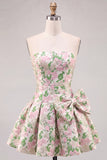 Cute Pink A Line Jacquard Strapless Homecoming Dress with Bow