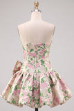 Cute Pink A Line Jacquard Strapless Homecoming Dress with Bow