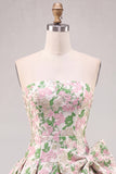 Cute Pink A Line Jacquard Strapless Homecoming Dress with Bow