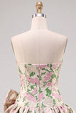 Cute Pink A Line Jacquard Strapless Homecoming Dress with Bow