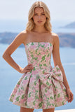 Cute Pink A Line Jacquard Strapless Homecoming Dress with Bow