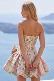Cute Pink A Line Jacquard Strapless Homecoming Dress with Bow