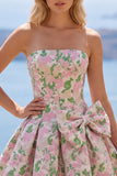 Cute Pink A Line Jacquard Strapless Homecoming Dress with Bow