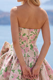 Cute Pink A Line Jacquard Strapless Homecoming Dress with Bow