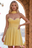 Yellow Pearl Sweetheart Chiffon A Line Short Homecoming Dress with Scarf
