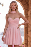 Yellow Pearl Sweetheart Chiffon A Line Short Homecoming Dress with Scarf