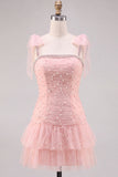 Pink A Line Tiered Ruffle Short Homecoming Dress with Pearls