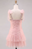 Pink A Line Tiered Ruffle Short Homecoming Dress with Pearls