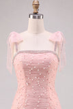 Pink A Line Tiered Ruffle Short Homecoming Dress with Pearls