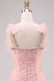 Pink A Line Tiered Ruffle Short Homecoming Dress with Pearls