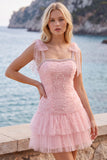 Pink A Line Tiered Ruffle Short Homecoming Dress with Pearls