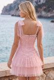 Pink A Line Tiered Ruffle Short Homecoming Dress with Pearls
