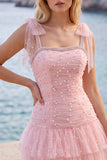 Pink A Line Tiered Ruffle Short Homecoming Dress with Pearls