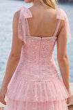 Pink A Line Tiered Ruffle Short Homecoming Dress with Pearls