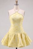 Halter Butter Yellow Floral Jacquard Short Homecoming Dress with Pearls