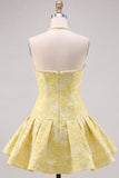 Halter Butter Yellow Floral Jacquard Short Homecoming Dress with Pearls