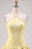 Halter Butter Yellow Floral Jacquard Short Homecoming Dress with Pearls