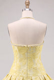 Halter Butter Yellow Floral Jacquard Short Homecoming Dress with Pearls