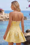 Halter Butter Yellow Floral Jacquard Short Homecoming Dress with Pearls