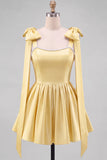 Light Blue A Line Satin Pearl Trim Short Homecoming Dress with Lace-up Back