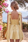 Light Blue A Line Satin Pearl Trim Short Homecoming Dress with Lace-up Back