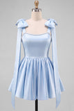 Light Blue A Line Satin Pearl Trim Short Homecoming Dress with Lace-up Back