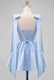 Light Blue A Line Satin Pearl Trim Short Homecoming Dress with Lace-up Back