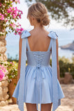 Light Blue A Line Satin Pearl Trim Short Homecoming Dress with Lace-up Back