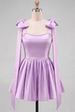 Light Blue A Line Satin Pearl Trim Short Homecoming Dress with Lace-up Back