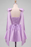 Light Blue A Line Satin Pearl Trim Short Homecoming Dress with Lace-up Back