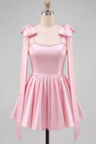 Light Blue A Line Satin Pearl Trim Short Homecoming Dress with Lace-up Back