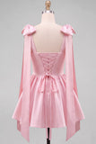Light Blue A Line Satin Pearl Trim Short Homecoming Dress with Lace-up Back