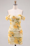 Off the Shoulder Beaded Ruched Bodycon Yellow Floral Homecoming Dress