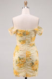 Off the Shoulder Beaded Ruched Bodycon Yellow Floral Homecoming Dress