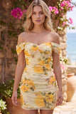 Off the Shoulder Beaded Ruched Bodycon Yellow Floral Homecoming Dress