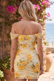 Off the Shoulder Beaded Ruched Bodycon Yellow Floral Homecoming Dress