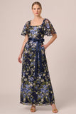 Floral Navy Embroidered A Line Mother of the Bride Dress with Short Sleeves