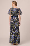 Floral Navy Embroidered A Line Mother of the Bride Dress with Short Sleeves