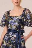 Floral Navy Embroidered A Line Mother of the Bride Dress with Short Sleeves
