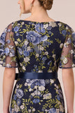 Floral Navy Embroidered A Line Mother of the Bride Dress with Short Sleeves