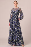 Navy Embroidered Illusion Neck Mother of the Bride Dress with Long Sleeves