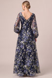 Navy Embroidered Illusion Neck Mother of the Bride Dress with Long Sleeves